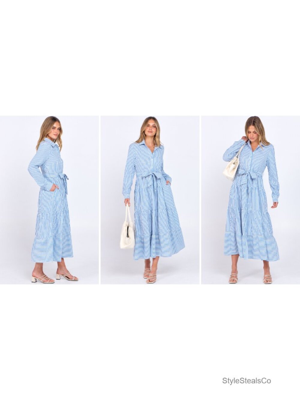 Long Sleeve Striped Flowy Maxi Dress Button Down Ruffle Hem Tie Waist Shirt - Picture 6 of 6
